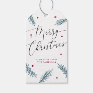 Vrolijk kerstpine bladeren en bessen cadeaulabel