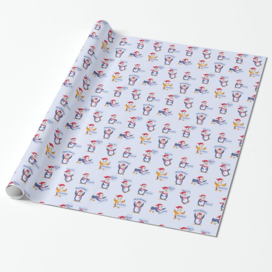Vrolijk kerstpinguïns cadeaupapier (Uitgerold)
