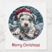 Vrolijk Kerstpitbull Santa Puppy Wijn Etiket (Enkel label)