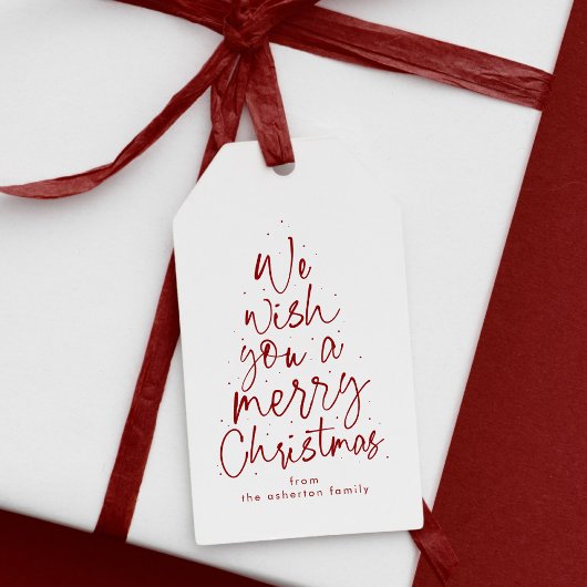 Vrolijk kerstplezier donkerrood gepersonaliseerde cadeaulabel