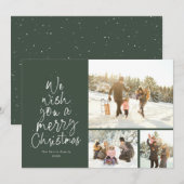 Vrolijk kerstplezier groene drie foto familie feestdagenkaart (Voorkant / Achterkant)