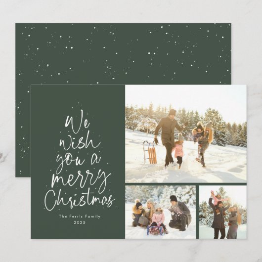 Vrolijk kerstplezier groene drie foto familie feestdagenkaart (Voorkant / Achterkant)