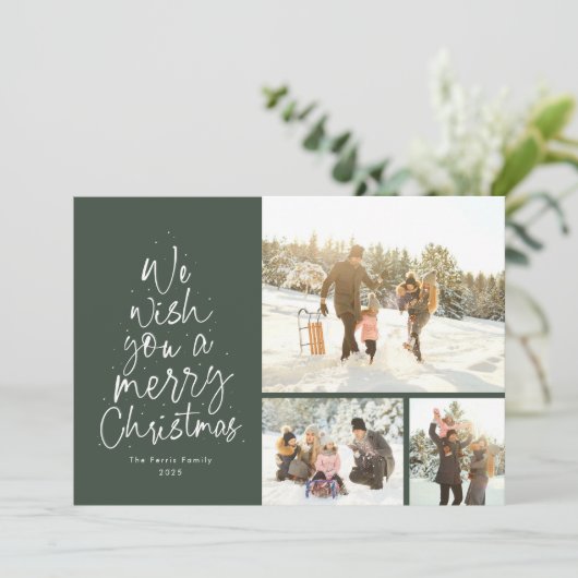 Vrolijk kerstplezier groene drie foto familie feestdagenkaart (Staand voorkant)