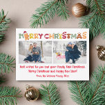 Vrolijk kerstplezier kalligrafie 2 foto's collage notitiekaartje<br><div class="desc">Elegante vrolijke kerst kleurrijke leuke kalligrafie twee foto's collage vakantie kaart,  op maat.</div>