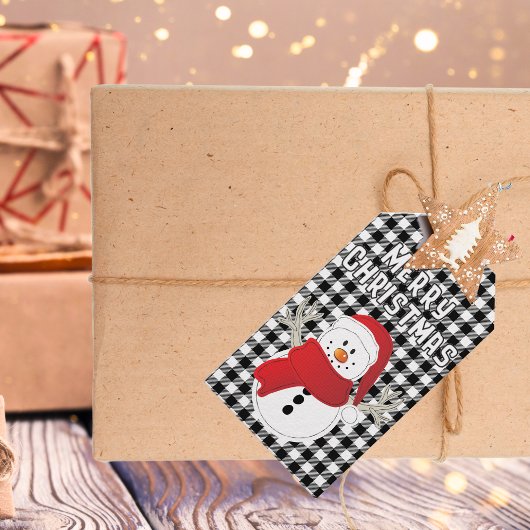 Vrolijk Kerstplezier Sneeuwman Cartoon Black Plaid Cadeaulabel