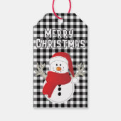 Vrolijk Kerstplezier Sneeuwman Cartoon Black Plaid Cadeaulabel (Voorkant)