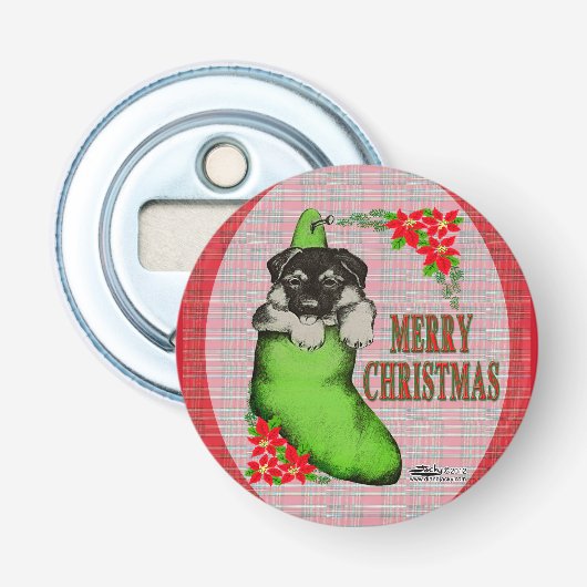Vrolijk kerstpuppy button flesopener (Voorkant)