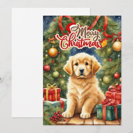 Vrolijk kerstpuppy en kerstboom feestdagenkaart (Voorkant / Achterkant)