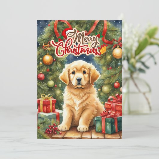 Vrolijk kerstpuppy en kerstboom feestdagenkaart (Staand voorkant)