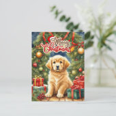 Vrolijk kerstpuppy en kerstboom feestdagenkaart (Staand voorkant)