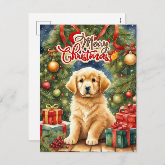 Vrolijk kerstpuppy en kerstboom feestdagenkaart (Voorkant / Achterkant)
