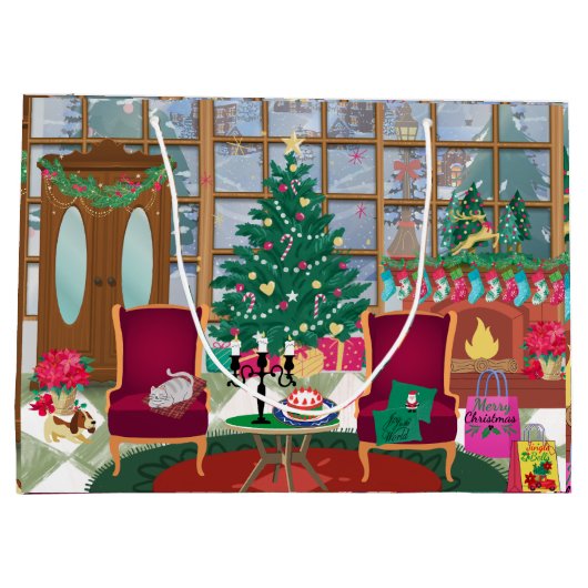 Vrolijk kerstraam dorp scène groot cadeauzakje (Achterkant)