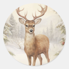 Vrolijk kerstrendier in een besneeuwd bos ronde sticker