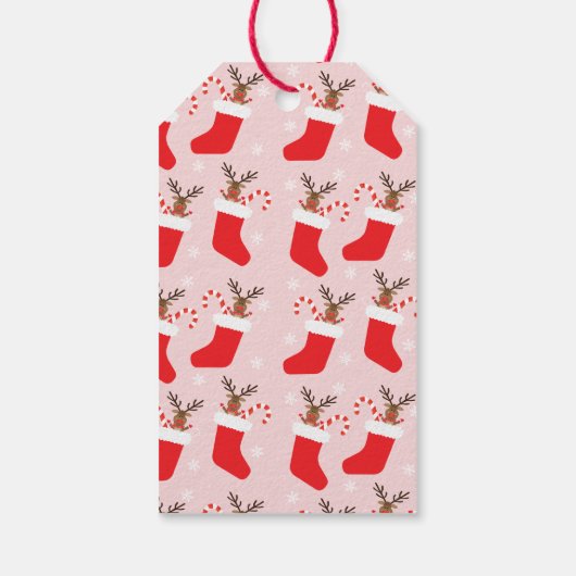Vrolijk kerstrendier in een roodwitte rok cadeaulabel (Achterkant)