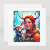 VROLIJK KERSTRENDIER MET GELUKKIG MEISJE BEDANKKAART (Voorkant / Achterkant)