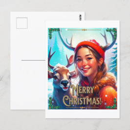 VROLIJK KERSTRENDIER MET GELUKKIG MEISJE BRIEFKAART