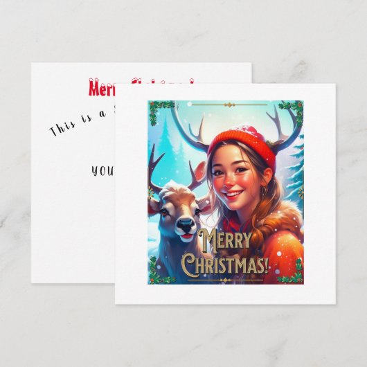 VROLIJK KERSTRENDIER MET GELUKKIG MEISJE KAART (Voorkant / Achterkant)