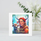 VROLIJK KERSTRENDIER MET GELUKKIG MEISJE KAART (Staand voorkant)