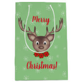 Vrolijk kerstrendier met rode bloemen, aangepast medium cadeauzakje (Voorkant)