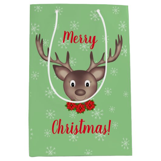 Vrolijk kerstrendier met rode bloemen, aangepast medium cadeauzakje (Voorkant)