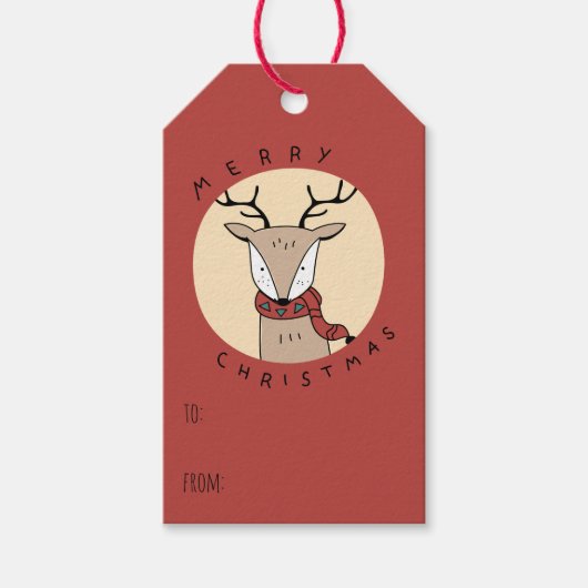 Vrolijk kerstrendier met sjaal cadeaulabel (Voorkant)