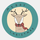 Vrolijk kerstrendier met sjaal ronde sticker (Voorkant)