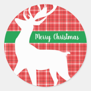 Vrolijk kerstrendier Red Plaid Twill Ronde Sticker