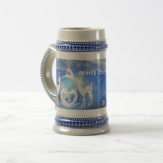 Vrolijk kerstrendierblauw Pristine Snowflakes Bierpul (Voorkant links)