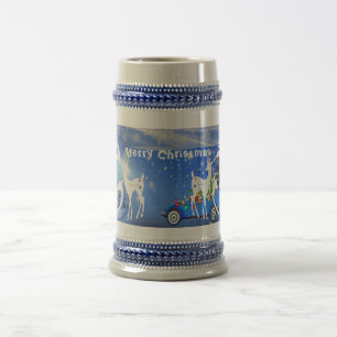 Vrolijk kerstrendierblauw Pristine Snowflakes Bierpul