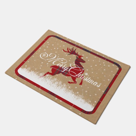 Vrolijk kerstrendiertje Tartan Red/Kraft ID590 Deurmat (Schuin)
