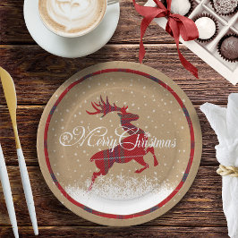 Vrolijk kerstrendiertje Tartan Red/Kraft ID590 Papieren Bordje