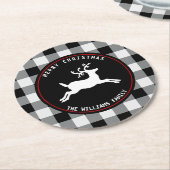 Vrolijk kerstrendierzwart-witte buffelcheque ronde kartonnen onderzetter (Gebogen)