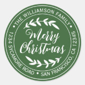 Vrolijk kerstretour adres groen ronde sticker (Voorkant)