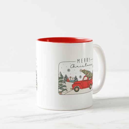 Vrolijk Kerstretro  Rode Truck met Boom Tweekleurige Koffiemok (Voorkant rechts)