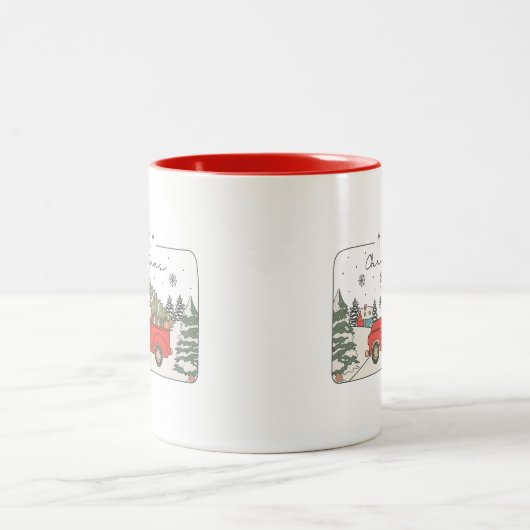 Vrolijk Kerstretro  Rode Truck met Boom Tweekleurige Koffiemok (Center)