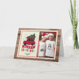 Vrolijk kerstrood auto Foto Rustisch hout Feestdagen Kaart