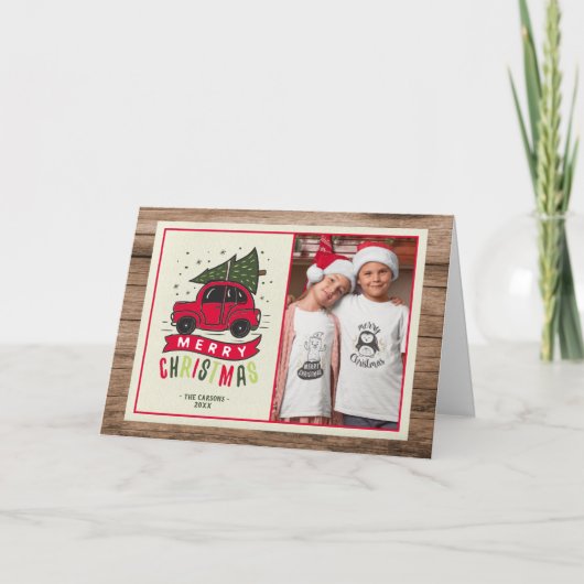 Vrolijk kerstrood auto Foto Rustisch hout Feestdagen Kaart (Voorkant)