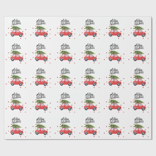 Vrolijk kerstrood auto met kerstboom   cadeaupapier (Vlak)