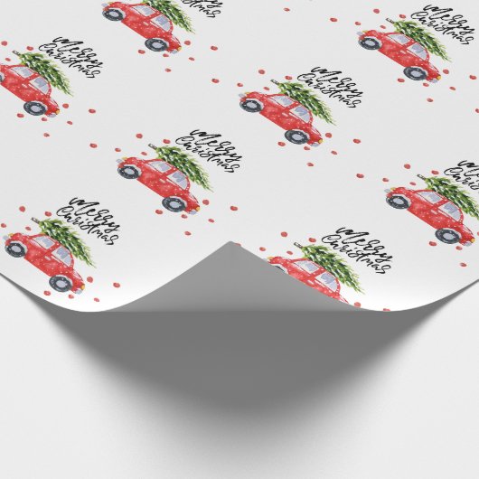 Vrolijk kerstrood auto met kerstboom   cadeaupapier (Hoek)