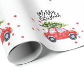 Vrolijk kerstrood auto met kerstboom   cadeaupapier (Rol Hoek)