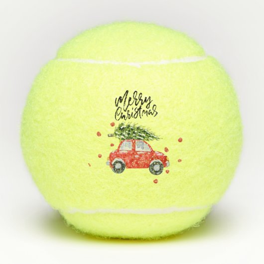 Vrolijk kerstrood auto met kerstboom tennisballen (Voorkant)