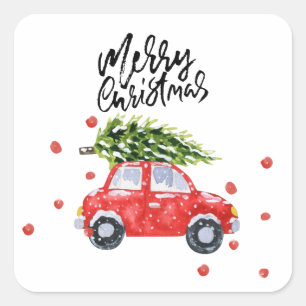 Vrolijk kerstrood auto met witte kerstboom vierkante sticker