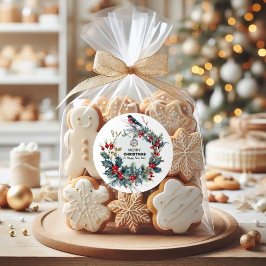 Vrolijk kerstrood bessen & goudvink ronde sticker