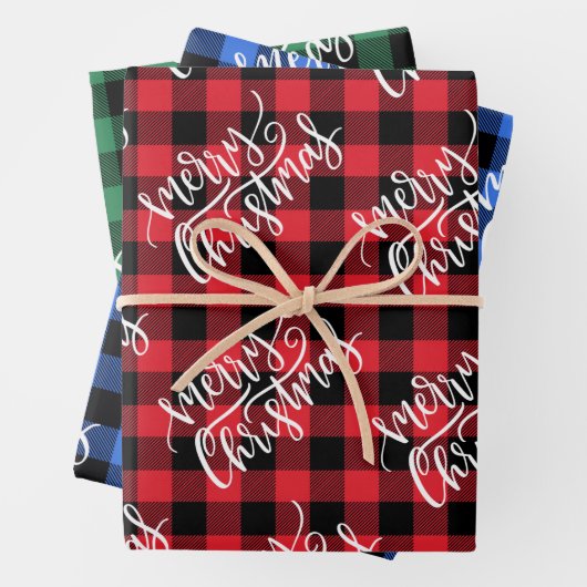 Vrolijk kerstrood Blauw Groene Buffalo Inpakpapier Vel (In situ)