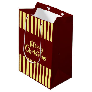 Vrolijk kerstrood en gele strepen medium cadeauzakje