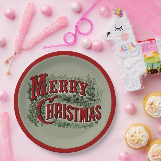 Vrolijk kerstrood en groen papieren bordje (Feest)