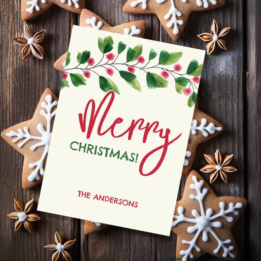 Vrolijk kerstrood en groen Waterverf krans Feestdagenkaart