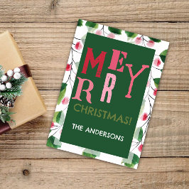 Vrolijk kerstrood en groen Waterverf krans Feestdagenkaart