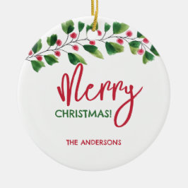 Vrolijk kerstrood en groen Waterverf krans Keramisch Ornament