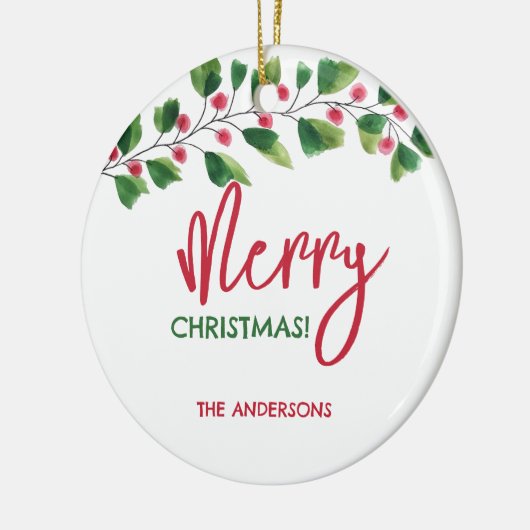 Vrolijk kerstrood en groen Waterverf krans Keramisch Ornament (Links)